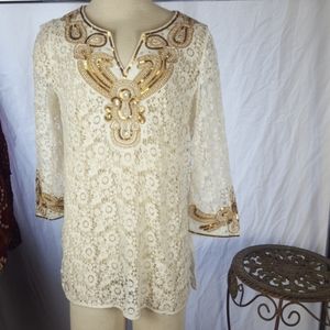 V CRISTINA LACE SEE THROUGH CREAM BLOUSE SZ L